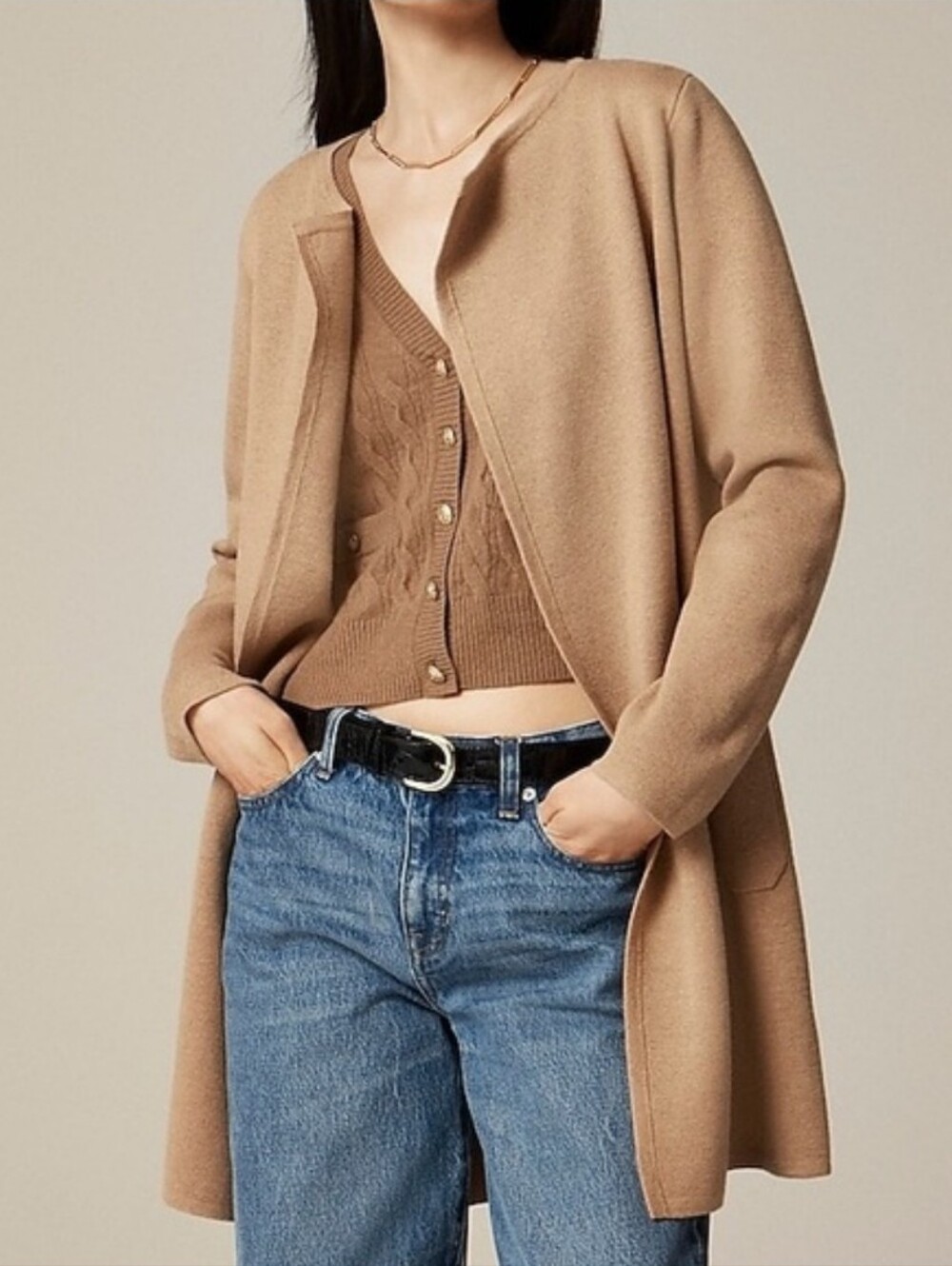 J‎ Crew Juliette Colarless Sweater Blazer Camel Tan Cotton Merino Wool Blend XS - Picture 2 of 11